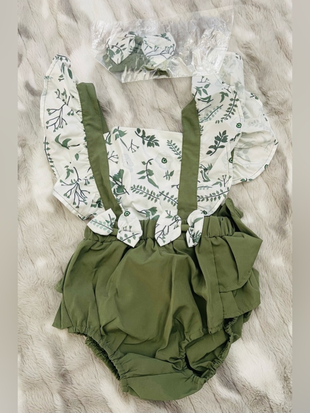 pop Olive Green and White Floral Baby One-Piece Romper